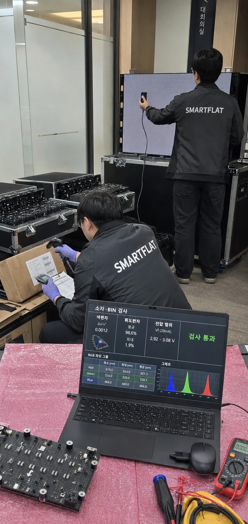 설치후 테스트 과정 중인 스마트플랫 설치팀