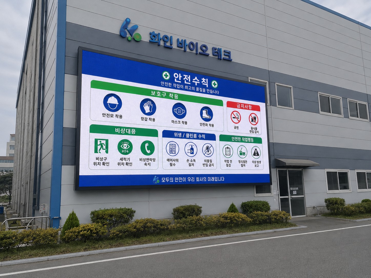 서산 화인바이오테크 공장 외벽 P5.0 옥외 LED 전광판 설치 LED 전광판 시공 사례 - 스마트플랫