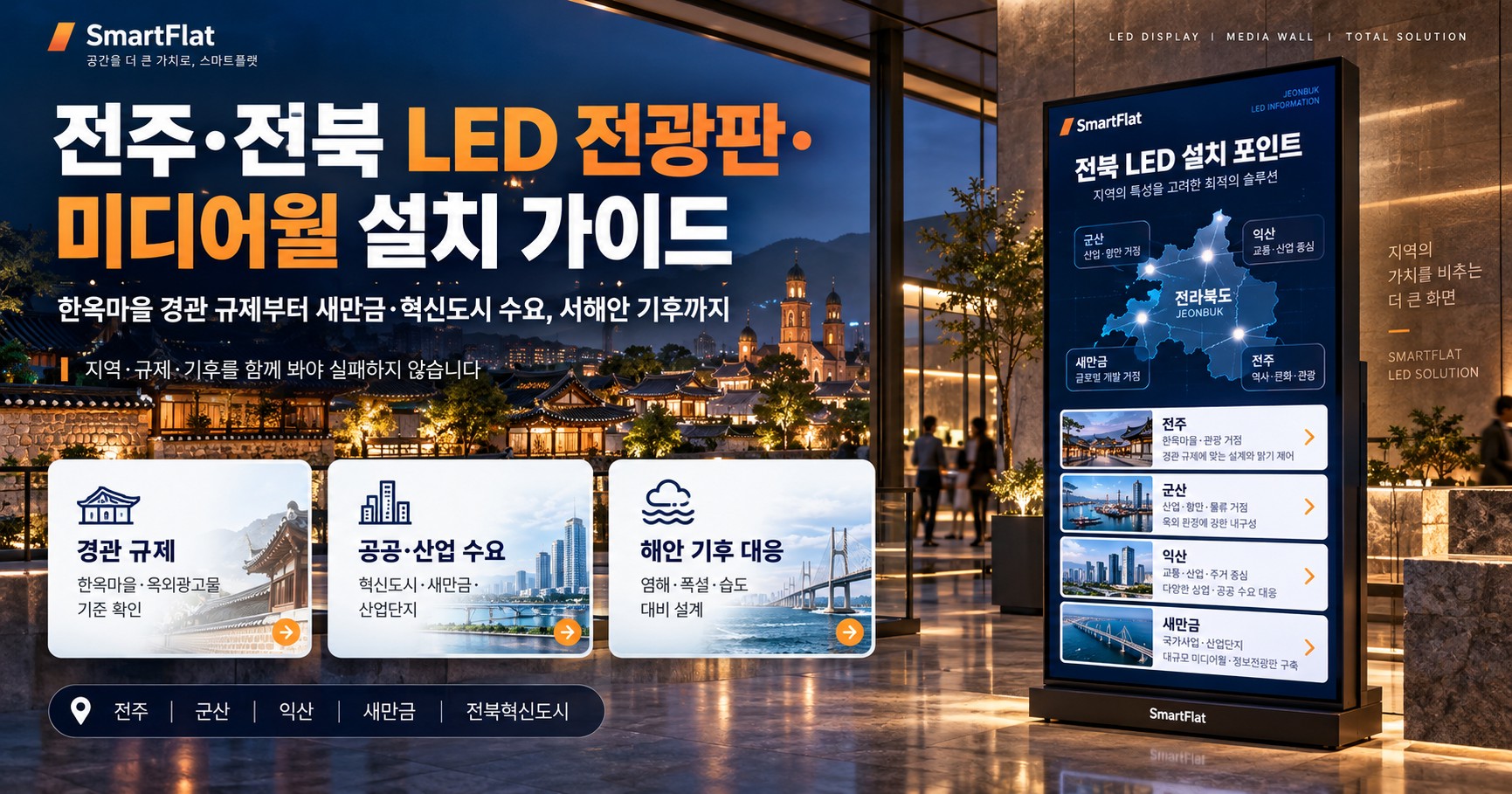전주·전북 LED 전광판·미디어월 설치 가이드 — 한옥마을 경관 규제부터 새만금·혁신도시 수요, 서해안 기후까지