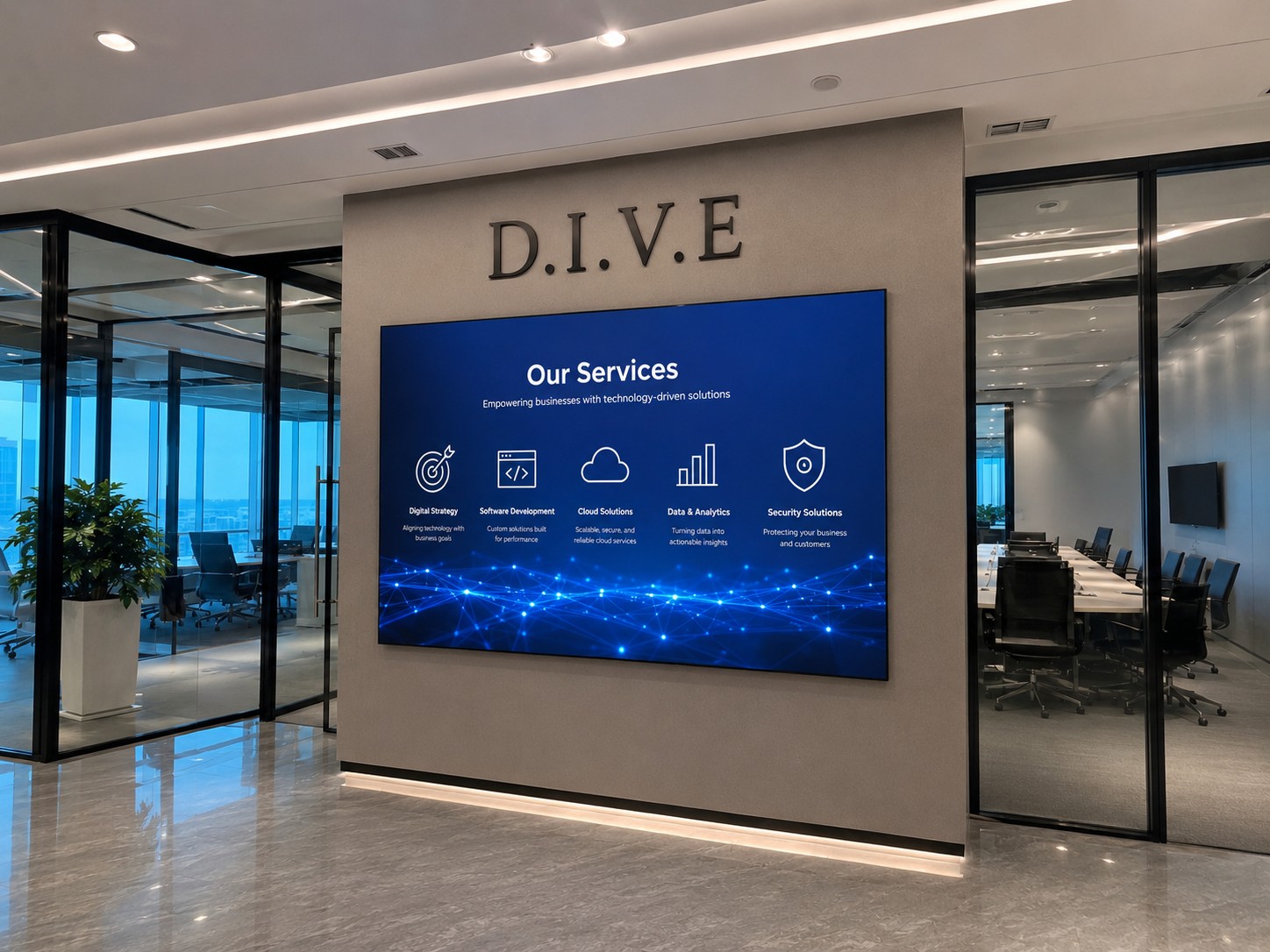 파주 DIVE 기업 로비 LED 전광판 미디어월 설치 사례｜P1.53 고해상도 실내 LED LED 전광판 시공 사례 - 스마트플랫