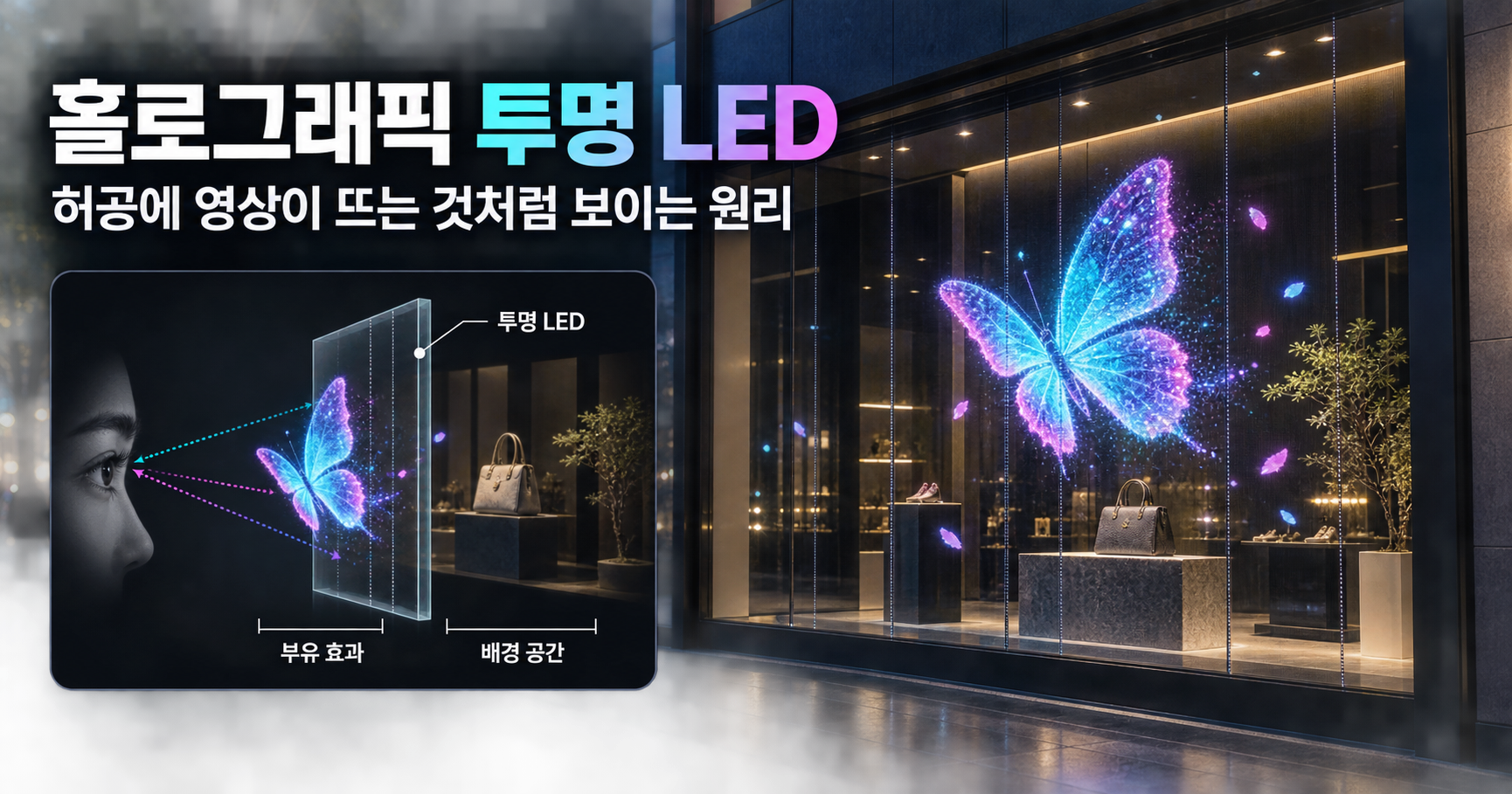 홀로그래픽 투명 LED, 무엇이 진짜이고 무엇이 착시일까 — 공중에 뜬 화면을 만드는 방법들