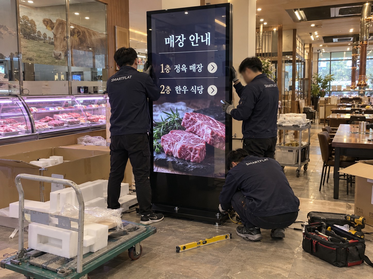 스마트플랫 설치기사들이 한우매장에서 설치 중인 장면