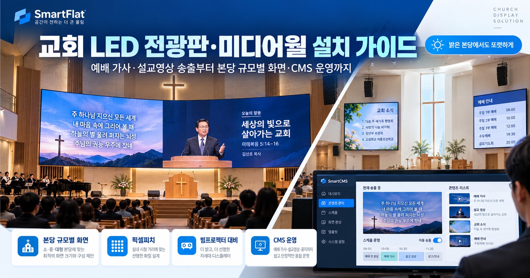 교회 LED 전광판·미디어월 설치 가이드 — 예배 가사·설교영상 송출부터 본당 규모별 화면·빔프로젝터 대비 장점·CMS 운영까지