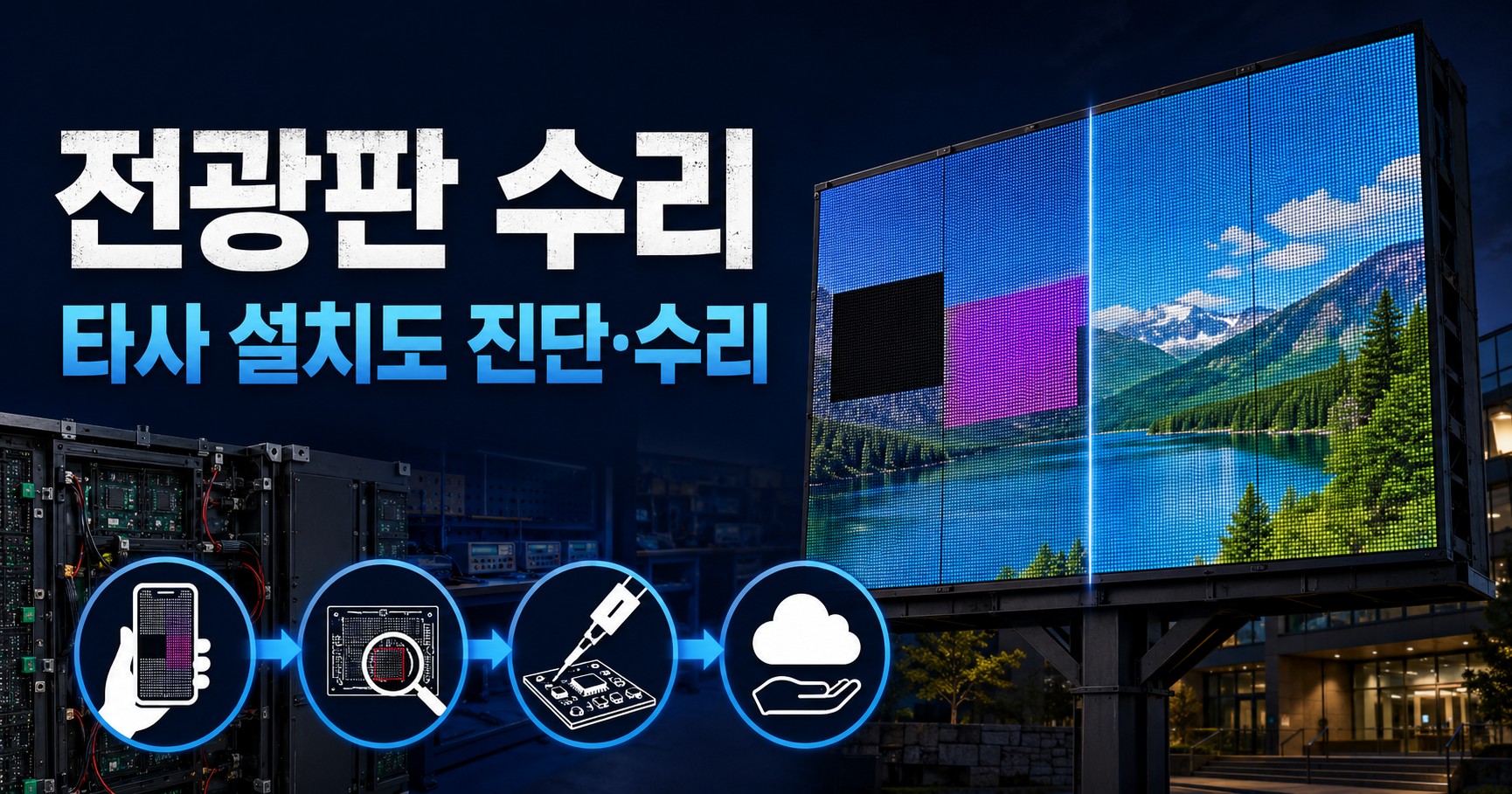 전광판 수리, 설치한 업체가 사라졌다면 — 타사 화면도 진단부터 시작합니다 (12년차 스마트플랫)