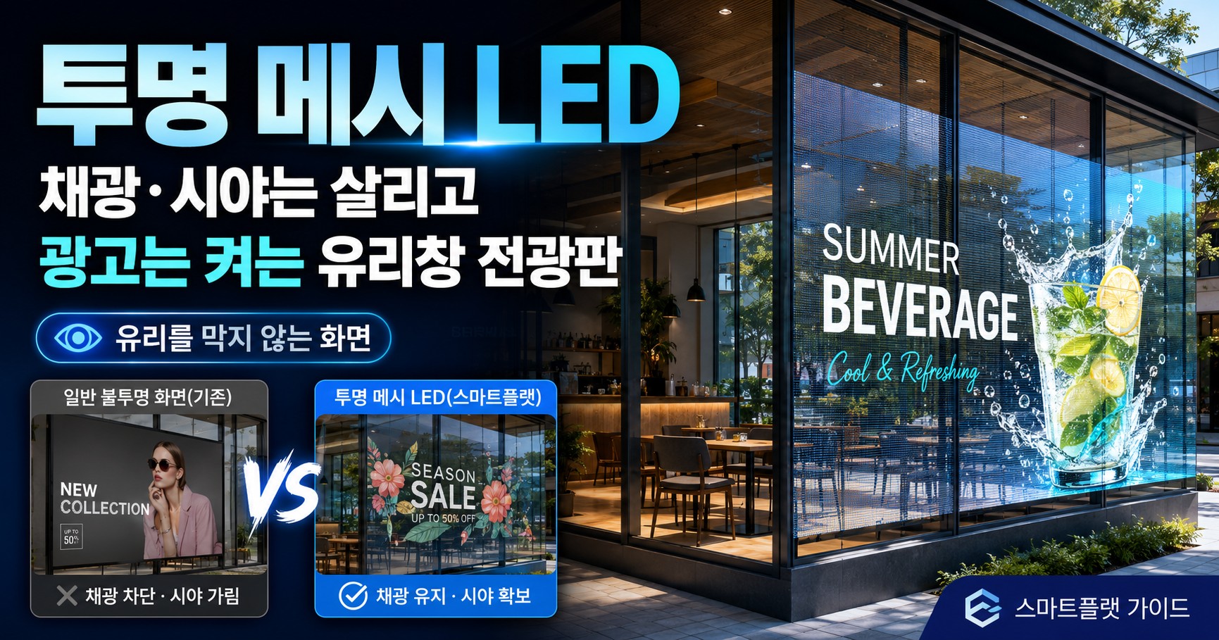 투명 전광판, 유리를 가리지 않고 화면을 얻는 방법 — 필름·글라스·메시 세 갈래와 메시타입이 상업 표준인 이유