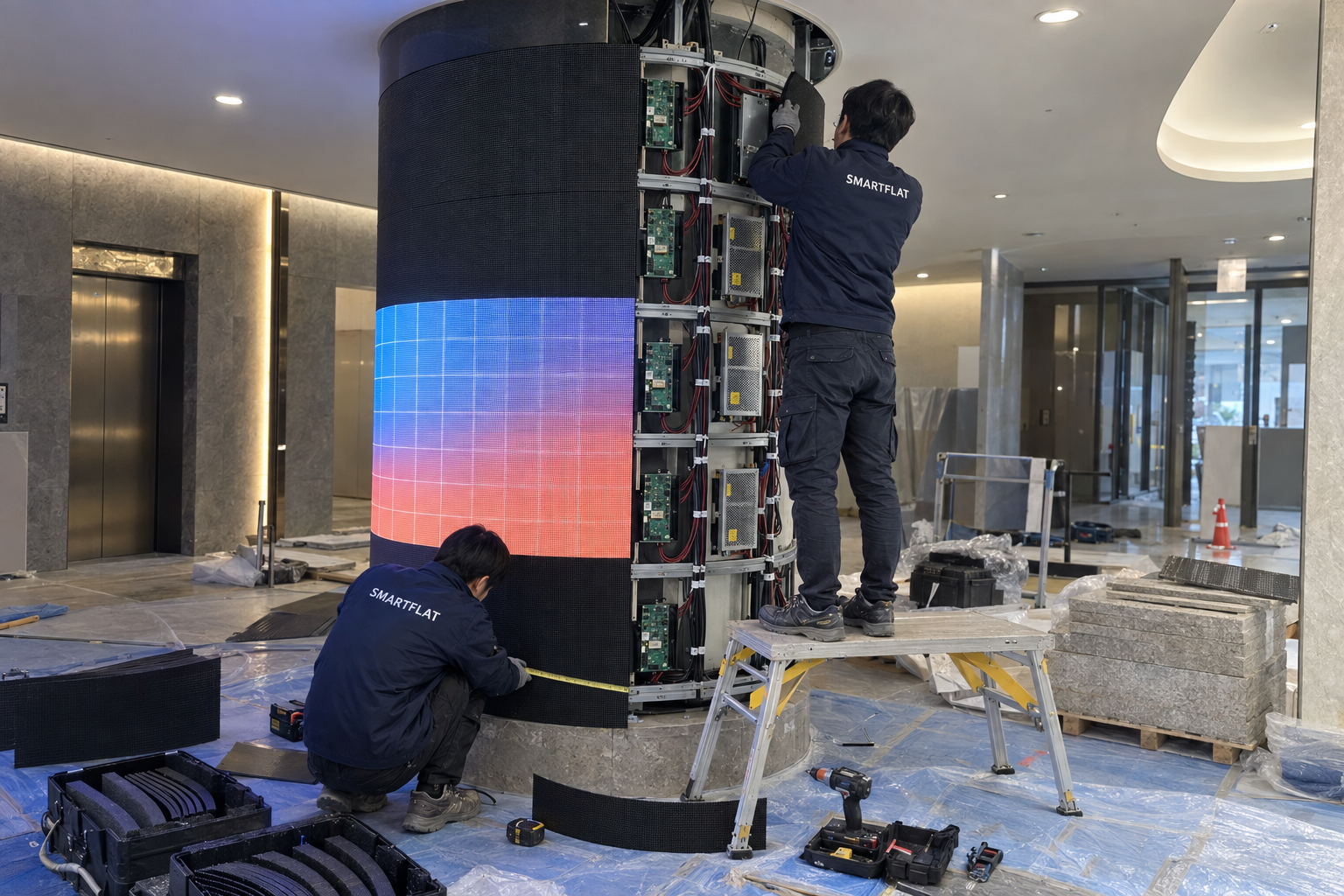 원형기둥에 설치 중인 스마트플랫 LED 전광판