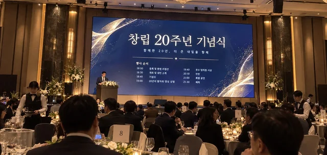 호텔 연회장 무대 옆 LED 화면에 창립 기념식 행사 화면이 표시된 연회 장면