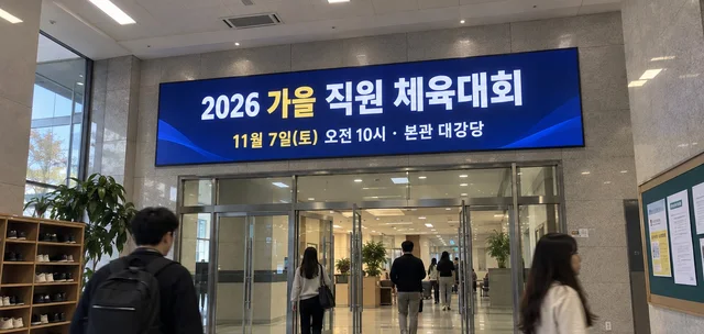 건물 출입 홀 상단 가로형 LED 전자현수막에 직원 체육대회 일정이 표시된 모습