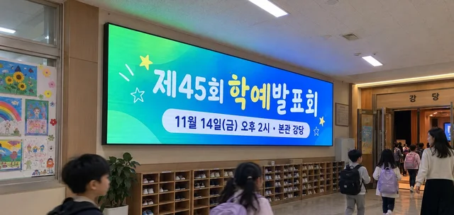 학교 복도 벽면 LED 전자현수막에 학예발표회 일정이 표시된 모습