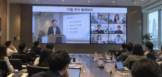 대회의실 벽면 LED 화면에 월례회의 발표자와 원격 참석자 화면이 함께 표시된 회의 장면