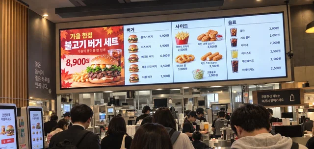 프랜차이즈 매장 카운터 위 LED 메뉴보드에 버거 세트와 사이드, 음료 메뉴가 표시된 모습