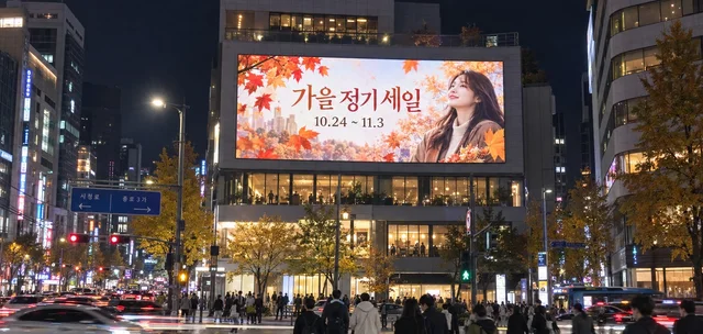 교차로 건물 상단 대형 옥외 LED 전광판에 가을 세일 광고가 표시된 야간 모습