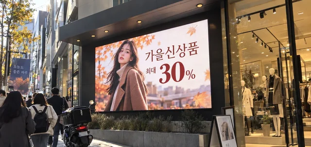 거리 상점 전면 반옥외 LED 화면에 가을 신상품 할인 광고가 표시된 낮 시간 모습