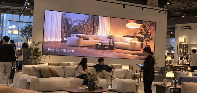 가구 쇼룸 벽면 LED 화면에 거실 제품 영상이 나오고 앞에 실제 소파가 전시된 모습