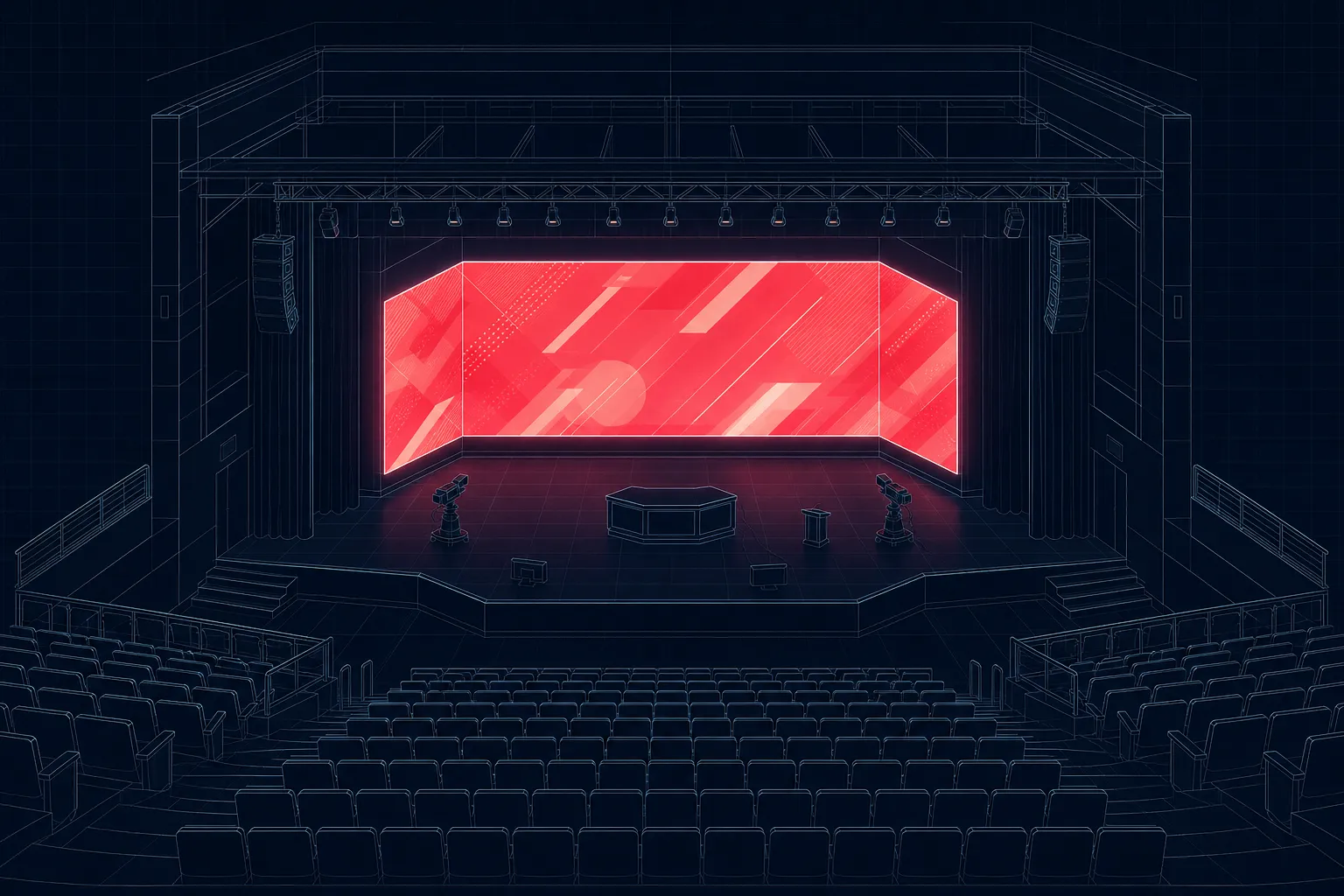 빈 객석 뒤쪽에서 무대를 바라본 등각 강당 모습, 무대 뒤 코너형 LED 화면만 붉게 빛나는 학교 방송·발표 공간