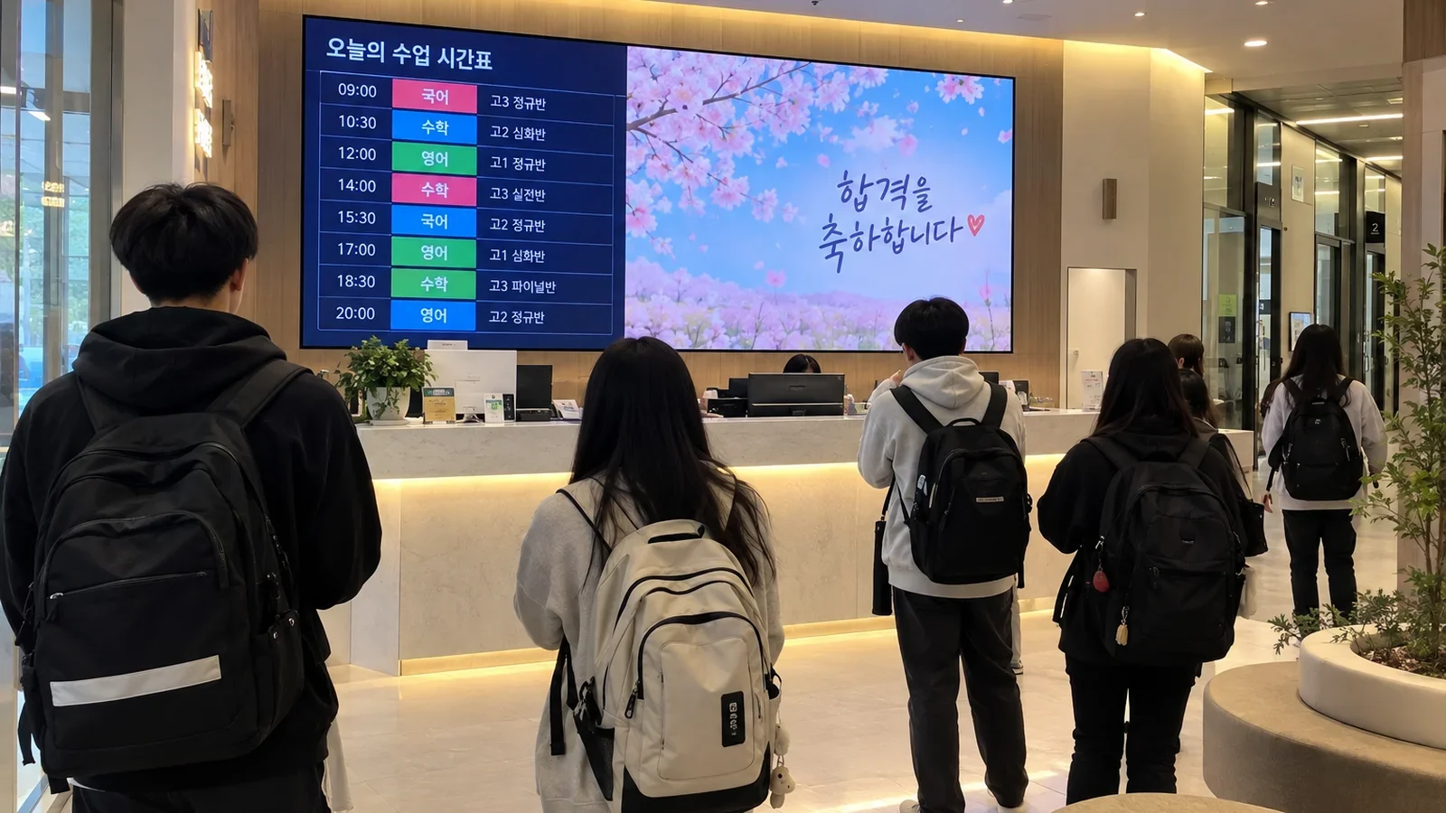 학원 로비 안내데스크 뒤 LED 화면에 시간표와 합격 축하 문구가 표시된 모습