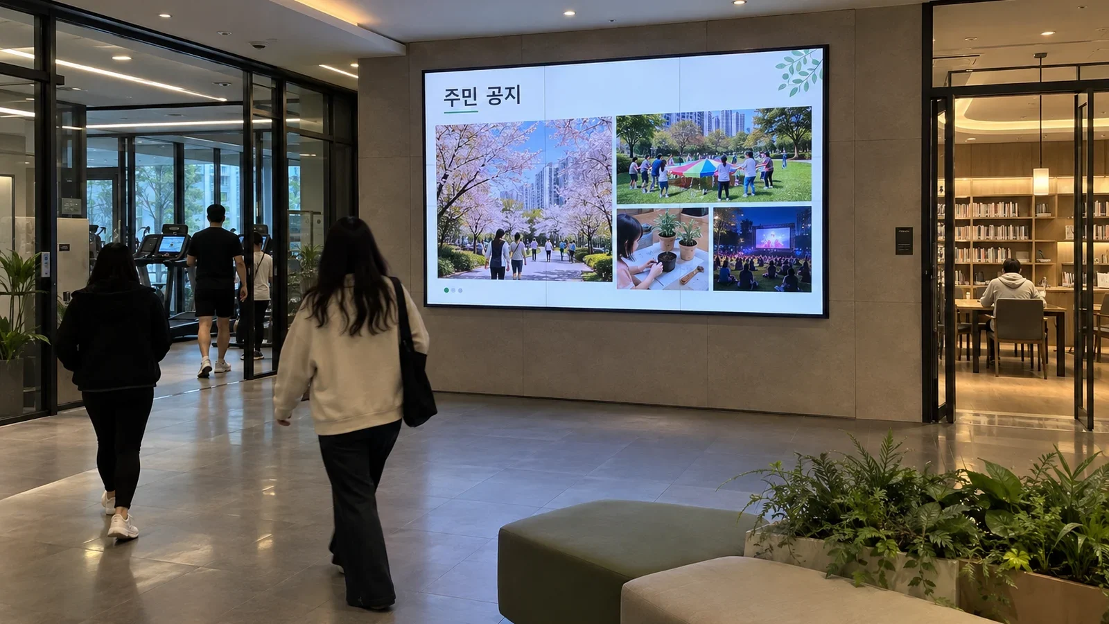 아파트 커뮤니티센터 로비 벽면 LED 화면에 주민 공지가 표시된 모습