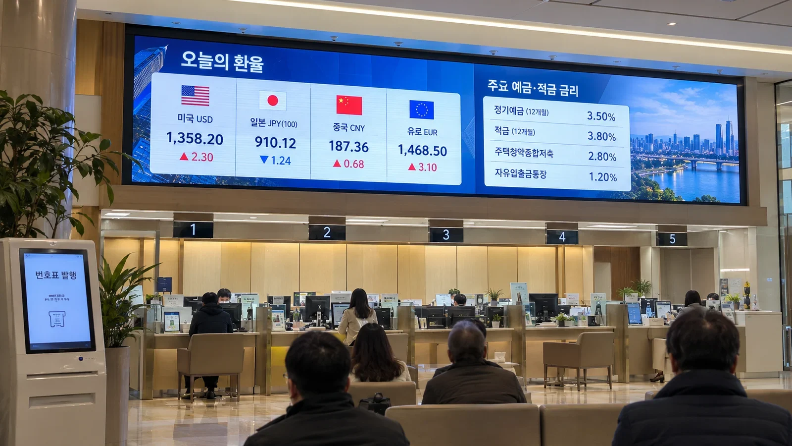 은행 객장 창구 위 LED 화면에 환율과 금리가 표시된 모습