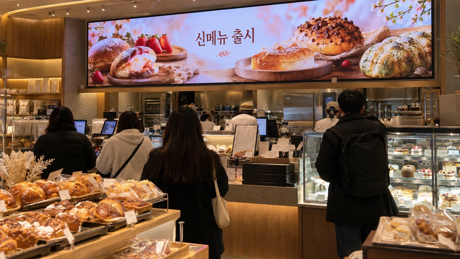 프랜차이즈 매장 카운터 뒤 가로형 LED 화면에 신메뉴 홍보가 표시된 모습