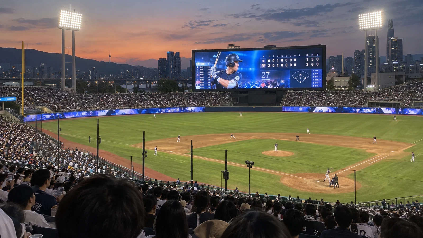 야구장 외야 대형 LED 전광판과 관중석 띠 전광판이 켜진 저녁 경기장