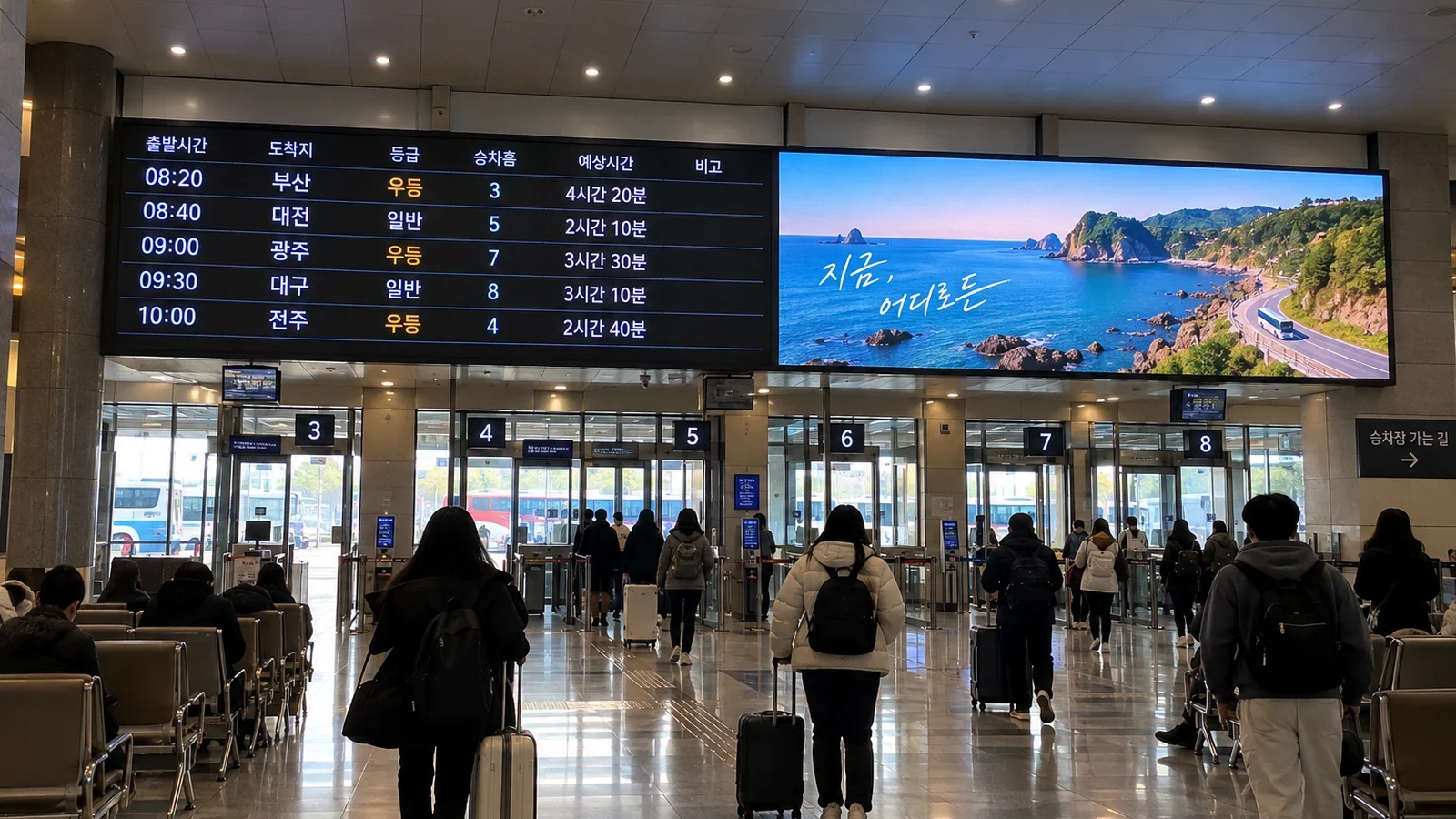 버스터미널 대합실 개찰구 위 LED 화면에 출발 시간표가 표시된 모습