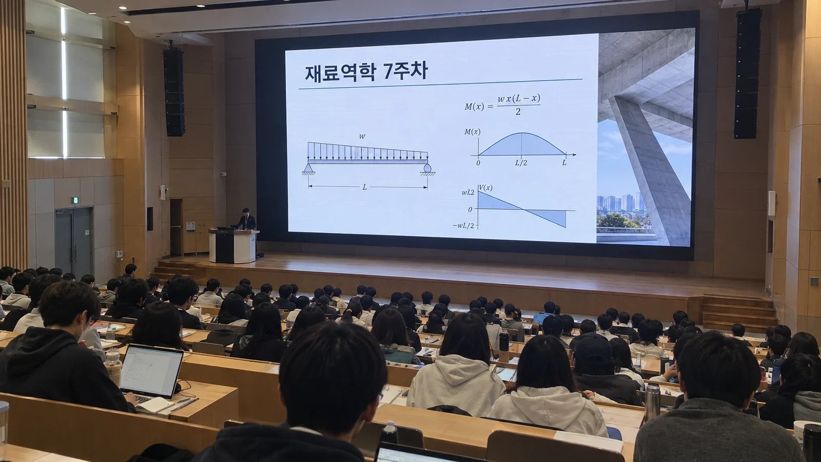 대학 계단식 강의실 앞쪽 LED 월에 강의 자료가 표시된 모습